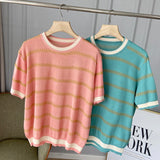 Women Sweater Knitwear Striped Loose Short Sleeve Knitted T-shirt Female Student O-neck Short Top
