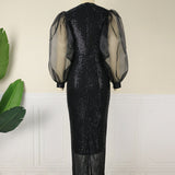 Harlem Night Attire round Neck Lantern Sleeve Stretch Sequined Party Mid-Length Dress