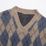 Women Sweater Knitwear Fall V-neck Sweater Rhombus Vest Vintage Hong Kong Sweater
