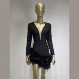 Women Dresses Long Sleeve Feather Ultra Short Dress Party Skirt (Ont0408)