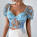 Women Party Tops Halter Perspective Butterfly Embroidered Suspender Mesh Vest