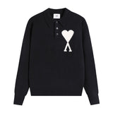 Ami araunriflove polo collar lapel wool sweater long sleeves couple fall and winterembroiderknitting shirt