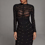 Women Evening Dress Mesh Long Sleeve Dress Bandage One-Piece Dress