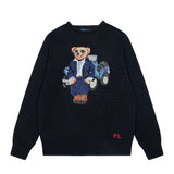Cartoon bear autumn/winter pure cotton heavily embroidered rolled collar sweater - couple's crew neck knit wool top