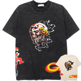 Hip-hop t-shirts: american high street hip-hop flame skull print short sleeve vintage distressed loose fit tee