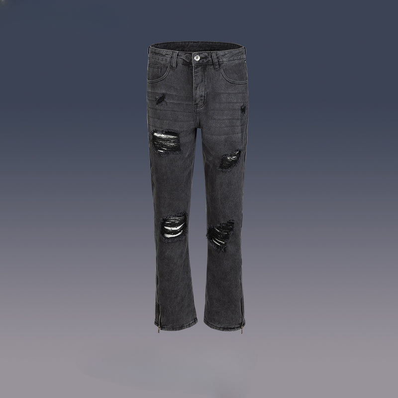 MIJKO Men's Vintage Pants MIJKO Ripped Pants Men's and Women's Zipper Black and Grey Straight Jeans