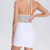 Women Evening Dress Sexy V-neck Hollow Mesh Slim-Fit Hip-Wrapped Short Dress Bandage Gown