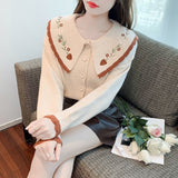 Women Knitwear Spring and Autumn Retro Peter Pan Collar Embroidered Sweater Loose Knitted Cardigan