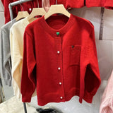 Women Knitted Cardigan Spring Cardigan Coat round Neck Love Embroidered Knitwear Top