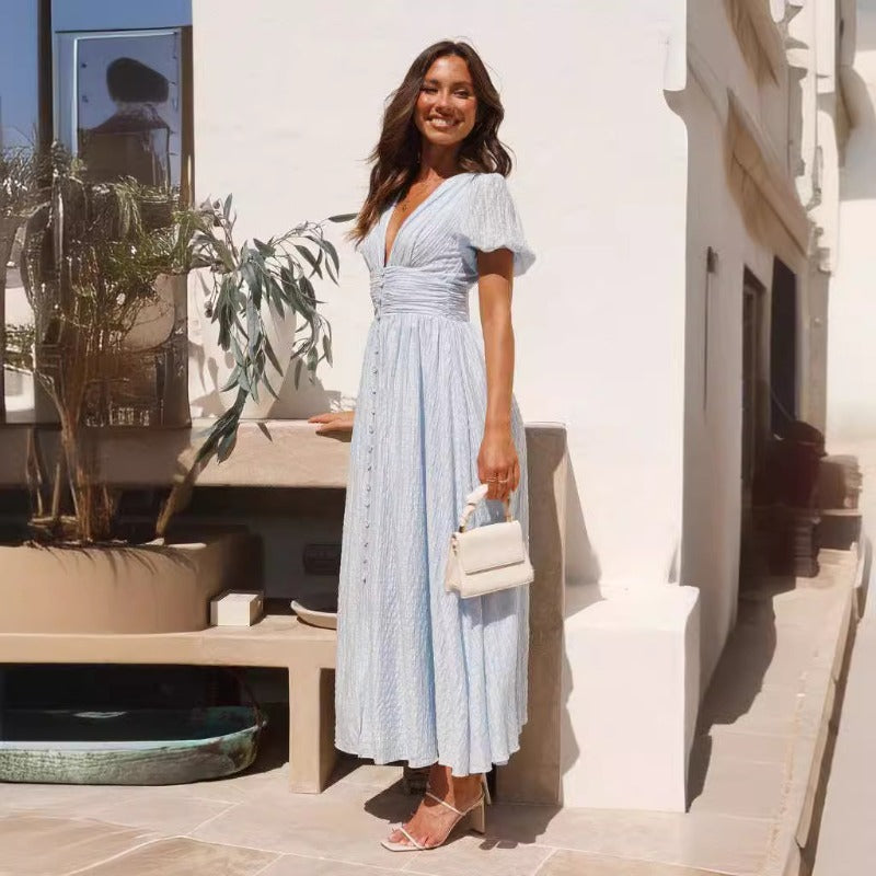 Women Dresses V-neck Long Puff Sleeve Dress (Jkw0408)