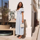 Women Dresses V-neck Long Puff Sleeve Dress (Jkw0408)