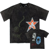 Hip-hop t-shirts: american high street dragon & tiger pentagram print, washed, distressed, vintage, oversized short sleeve tee