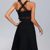 Women Evening Dress V Lace Bow Bandage One-Piece Dress