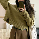 Women Knitted Pullover Short Autumn and Winter V-neck Sweater Loose Top