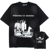 Hip-hop t-shirts - american high street hip-hop streetwear vintage architecture print washed distressed loose fit short sleeve tee
