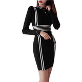 Women Maxi Dress Fall/Winter Slim Knitted Striped Sheath Dress Sweater