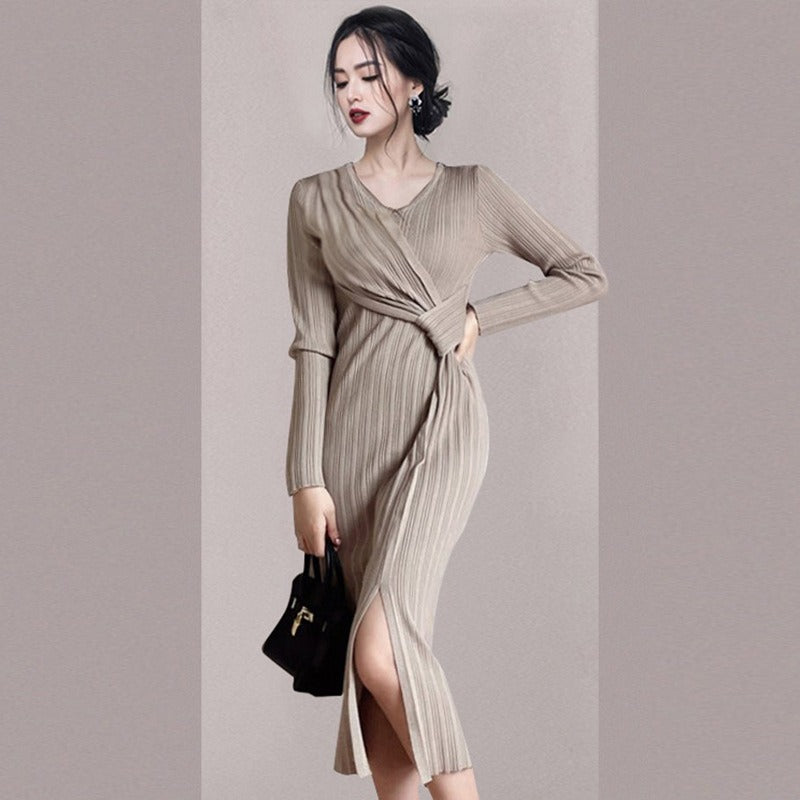 Women Maxi Dress Autumn and Winter V-neck Knitted Sheath Dress