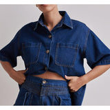 Women's pants: summer amazon cross-border european and american style casual retro loose shirt & denim shorts set - denim women's