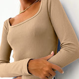 Women Knit Top Rib round-Neck Solid Color T-shirt Crop-Top Tight-Fitting Long Sleeve Short Top