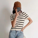 Women Sweater Knitwear Short Ice Silk Knitted Short Sleeve T-shirt
