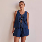 Women's pants: cross-border european and american style summer fashion casual sleeveless tie-waist high-waisted women's vest denim set shorts