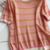 Women Sweater Knitwear Striped Loose Short Sleeve Knitted T-shirt Female Student O-neck Short Top