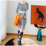 Women Maxi Dress Autumn Winter Retro Houndstooth Knitted Dress