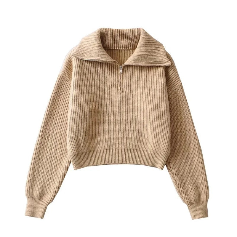 Women Sweater Knitwear Spring and Autumn Sweater Pullover Lapel Long-Sleeve Zipper Loose Bottoming Sweater
