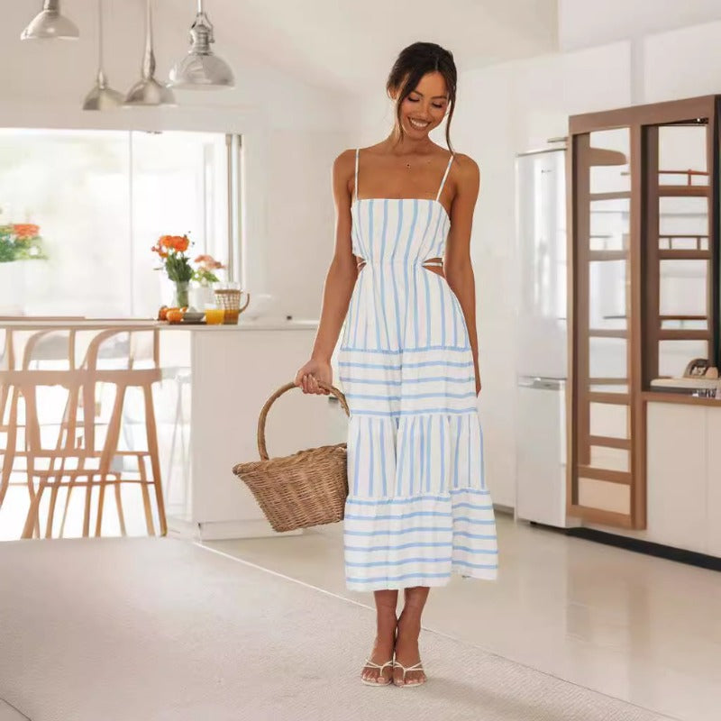 Women Dresses Summer Suspender Stripes Long Dress (Jkw0408)