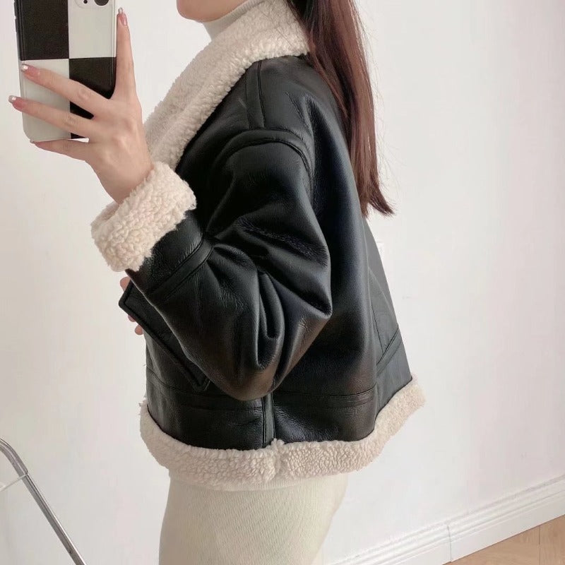Women Leather Jacket Winter PU Leather High Collar Short Section Leather Coat