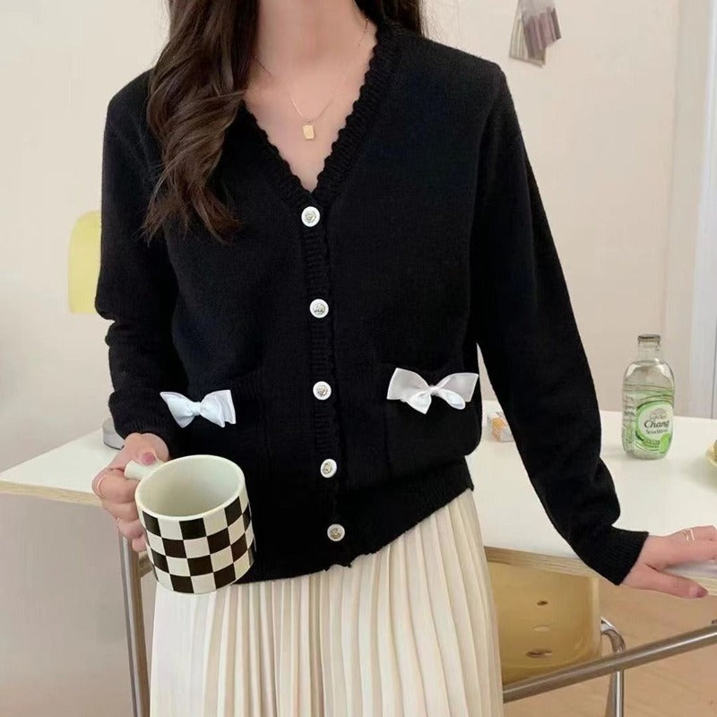 Women Knitwear Autumn and Winter Bow Pocket Sweater Loose Knitted Cardigan