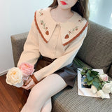 Women Knitwear Spring and Autumn Retro Peter Pan Collar Embroidered Sweater Loose Knitted Cardigan