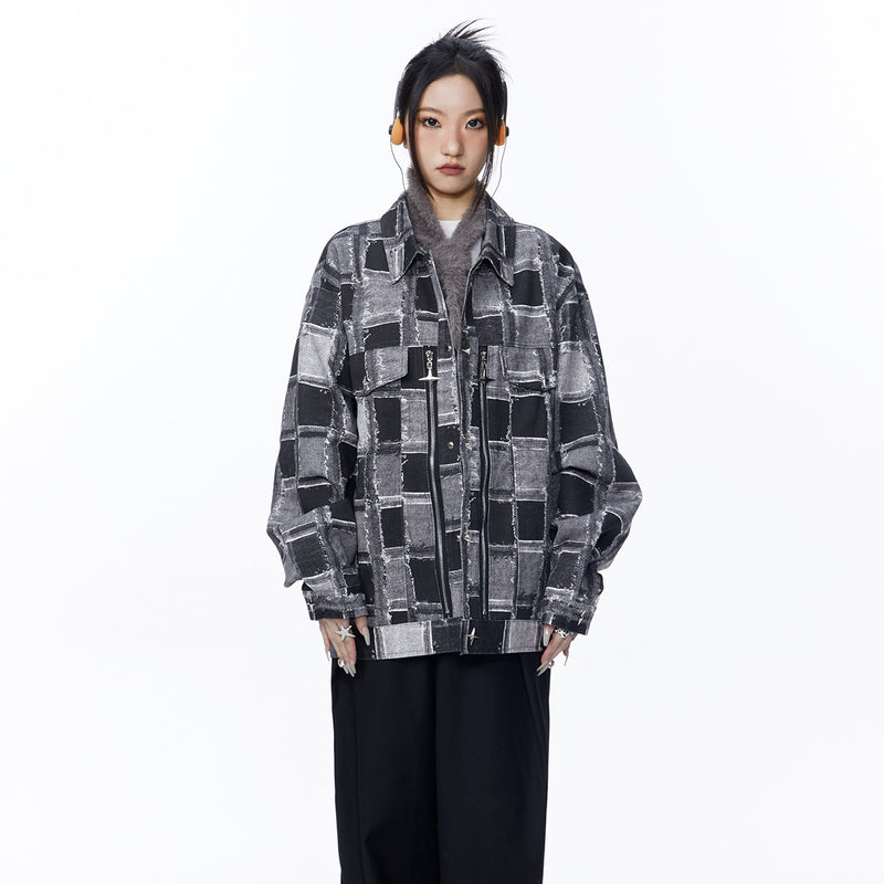 Unisex Jacket Autumn Black and Gray Grid Double Pull Lock Jacket