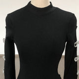 Women's Evening Dress Black Long Sleeve Bowknot Hollow-out Midriff Mini Skirt Sheath Bandage One-Piece Dress