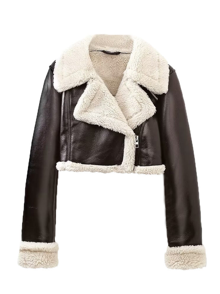 Women Leather Jacket Autumn and Winter Lamb Fur Lapel Motorcycle Jacket