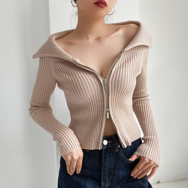 Women Sweater Knitwear Polo Collar Top Knitwear Women's Fall Slim Fit Zipper Sweater Cardigan