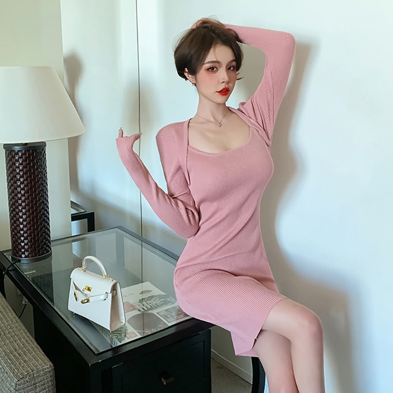 Women Maxi Dress Spring and Autumn Square Collar Long Sleeve Knitted Sheath Dress
