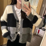 Women Knitwear Autumn and Winter Contrast Color V-neck Sweater Loose Knitted Cardigan