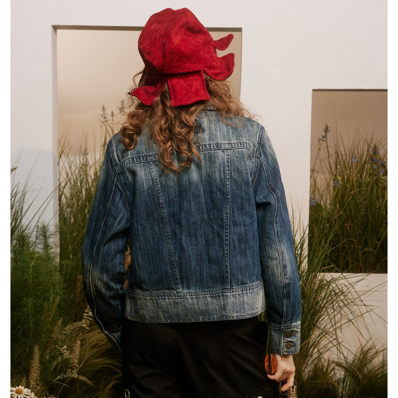 Unisex Jacket Vintage Top Washed Denim Jacket for Women Turn-down Collar Coat Spring and Autumn