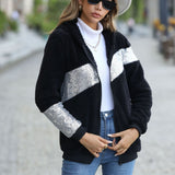 Women Trench Coat Casual Hooded Long Sleeve Sequin Stitching Zipper Double-Sided Velvet Cardigan Coat Autumn