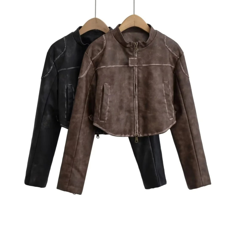Women Leather Jacket Vintage Distressed Leather Clothing with Stand Collar Coat PU Leather Jacket