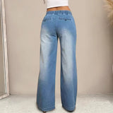 Women's denim pants - cross-border autumn fashion: european & american style, drawstring elastic waist, straight leg, wide leg jeans