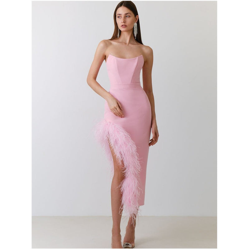 Women Dresses Pink Bandage One-Piece Dress Feather Party Dress (Ont0408)