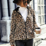 Women Trench Coat Autumn Hooded Long Sleeve Leopard Print Mid-Length Double-Sided Velvet Loose Casual Jacket