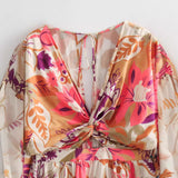 Women Dresses Summer V-neck Printed Dress Hollow-out Dress (Xds0414)