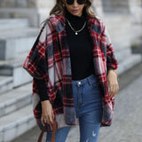 Women Trench Coat Casual Plush Women's Hooded Half Sleeve Loose Scottish Style Plaid Buckle-Free Coat