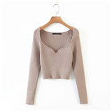 Women Sweater Knitwear Vintage Low-Neck Sweater Spring and Autumn Long Sleeve Short Top
