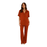 Women's solid color turn-down collar loungewear set - comfortable casual pajamas, short sleeve top and long pants - perfect for cross-border e-commerce on amazon