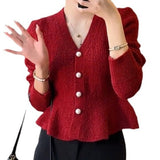 Women Knitted Cardigan Spring Red Sweater V-neck Knitted Cardigan Top