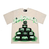 Hip-hop t-shirts: american streetwear rock 'n' roll vintage tv print, washed and distressed, trendy crew neck short sleeve tee